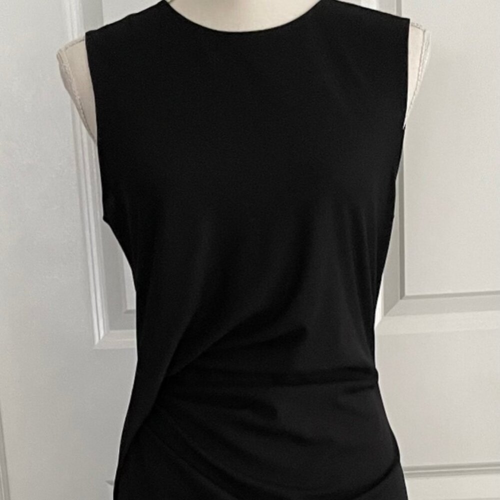 THEORY BLACK DRAPED SLEEVELESS SHEATH DRESS - SIZE MEDIUM